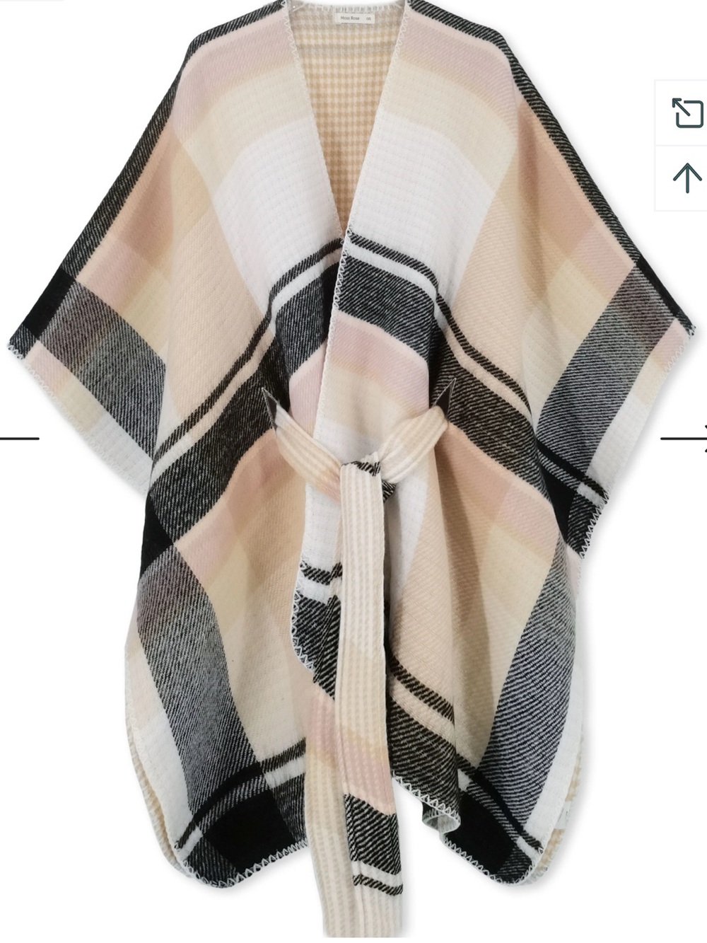 Cato Plaid Open-Front Belted Poncho in Black, Cream & Blush